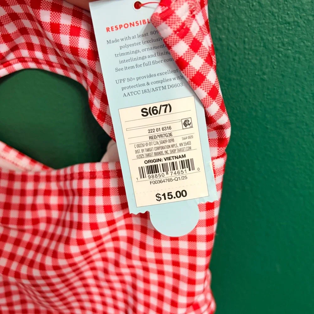Cat & Jack Red Gingham Americana 1pc Cutout Swim Bathing Suit Small 6/7 NEW NWT
